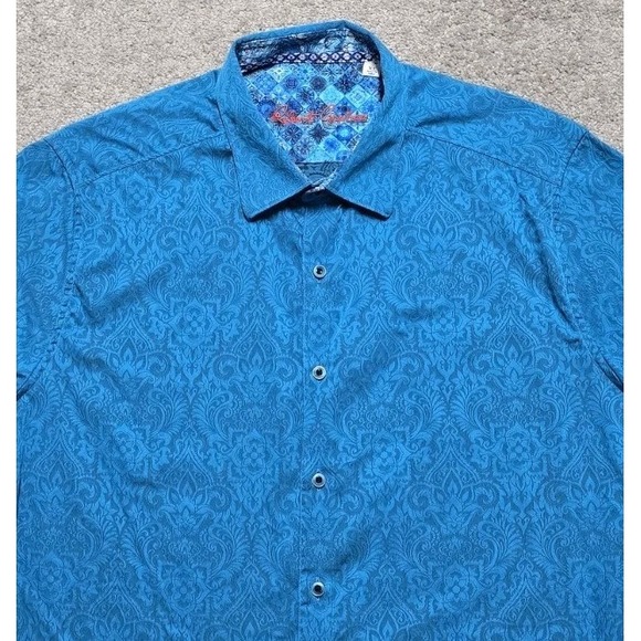 Robert Graham Mens XL Shirt S/S Blue Demask Geometric Paisley Floral Flip‎ Cuff - Picture 4 of 14